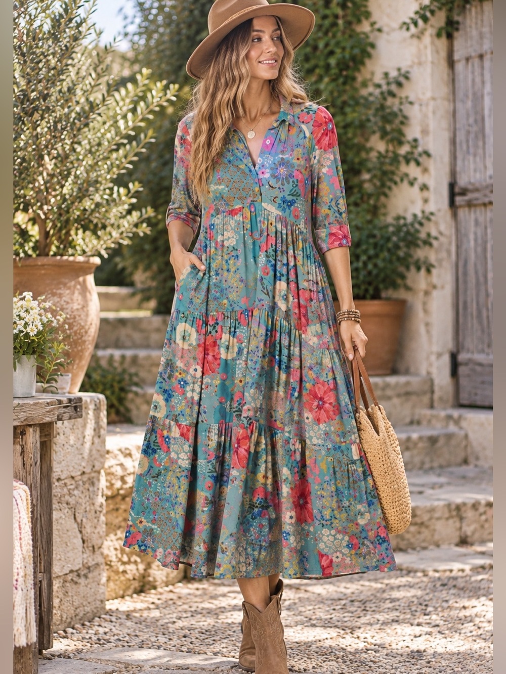 Natural Life Rebecca “ButterSoft” Midi Dress Blue Garden Patchwork – XXL